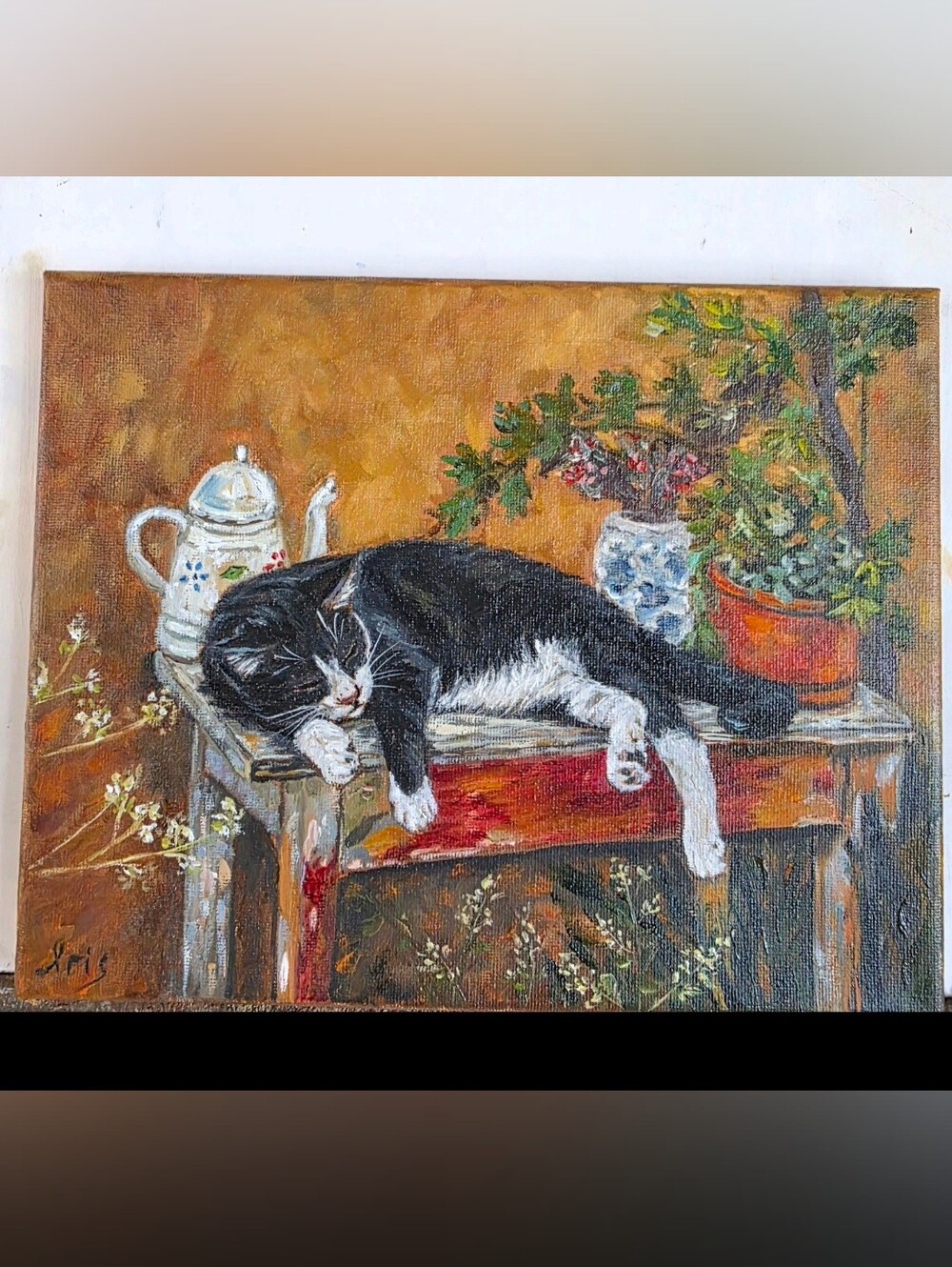 Abstract oil Painting cute Tuxedo cat.